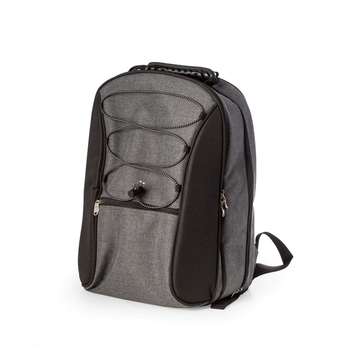 Occasion Gallery Black & Gray 4 Person Canvas Picnic Backpack. Includes Plates, Stem Glasses, Cutlery, Salt & Pepper Shakers, Cheese Board & Knife & Corkscrew Bottle Opener & Bar Tool. Zip Storage Pocket & External Bungee Cord. 12 L x 6 W x 16 H in.