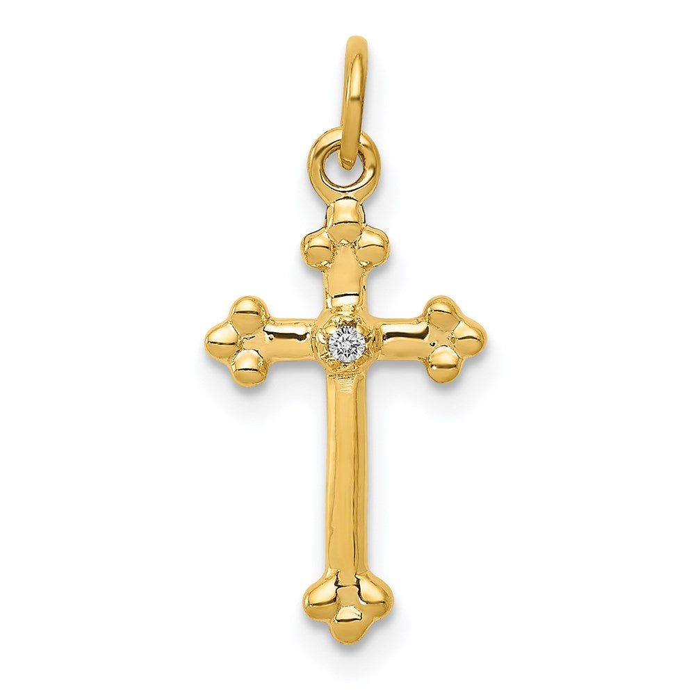 Million Charms 14K Yellow Gold Themed Small Diamond Budded Relgious Cross Pendant