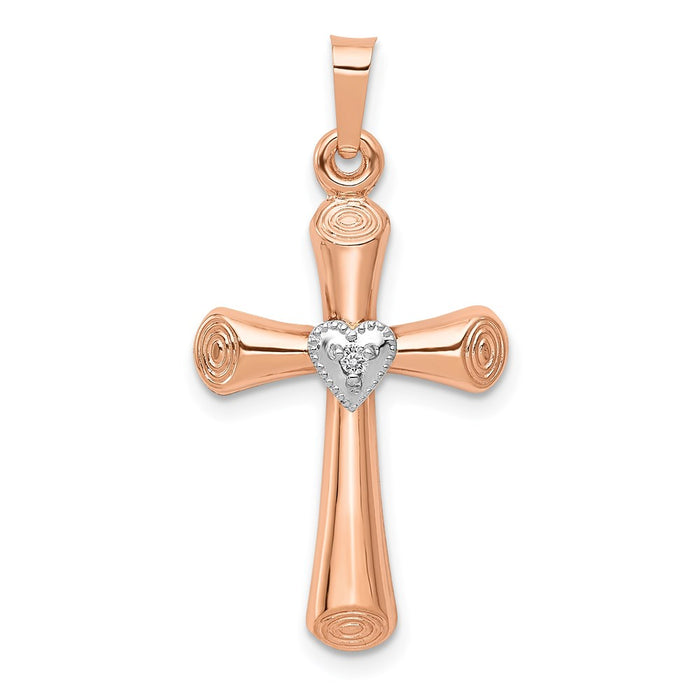 Million Charms 14K Two-Tone Diamond Brushed & Polished Hollow Latin Heart Relgious Cross Pendant