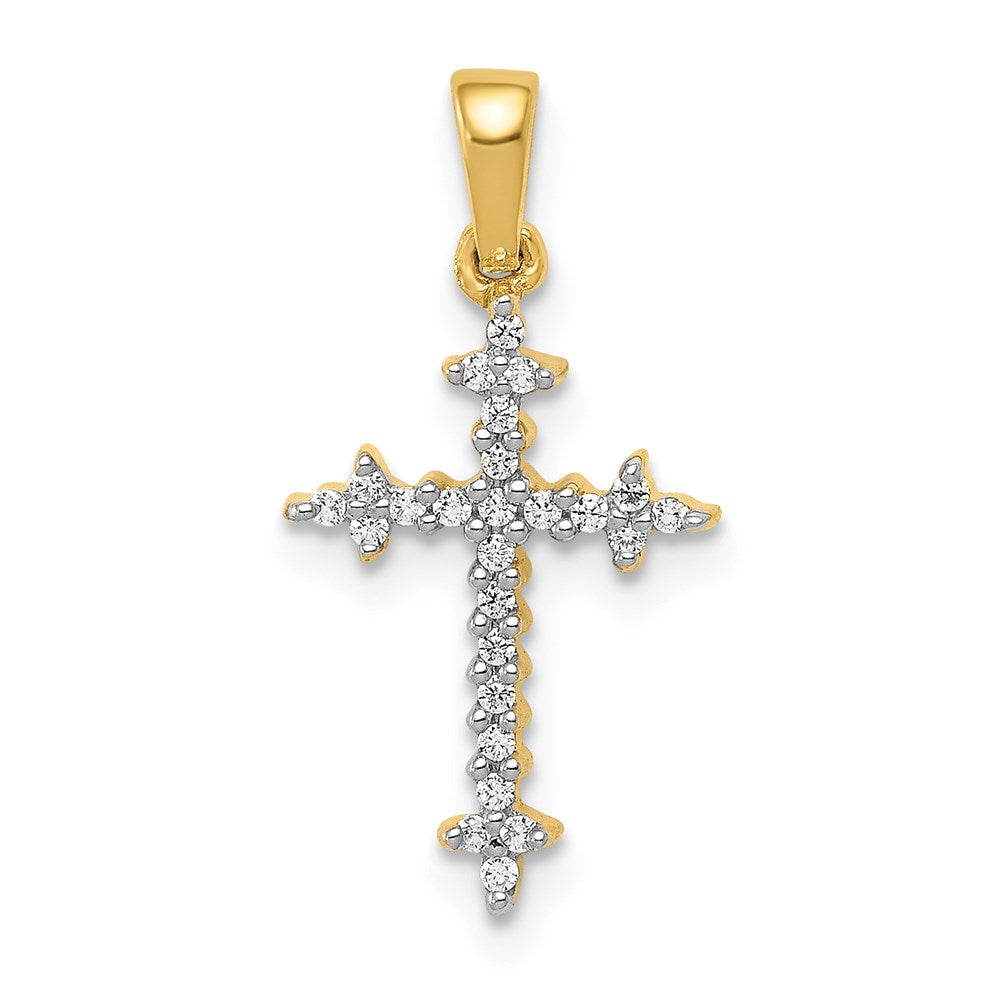 Million Charms 14K Yellow Gold Themed, Rhodium-plated Diamond Fleur De Lis Relgious Cross Pendant