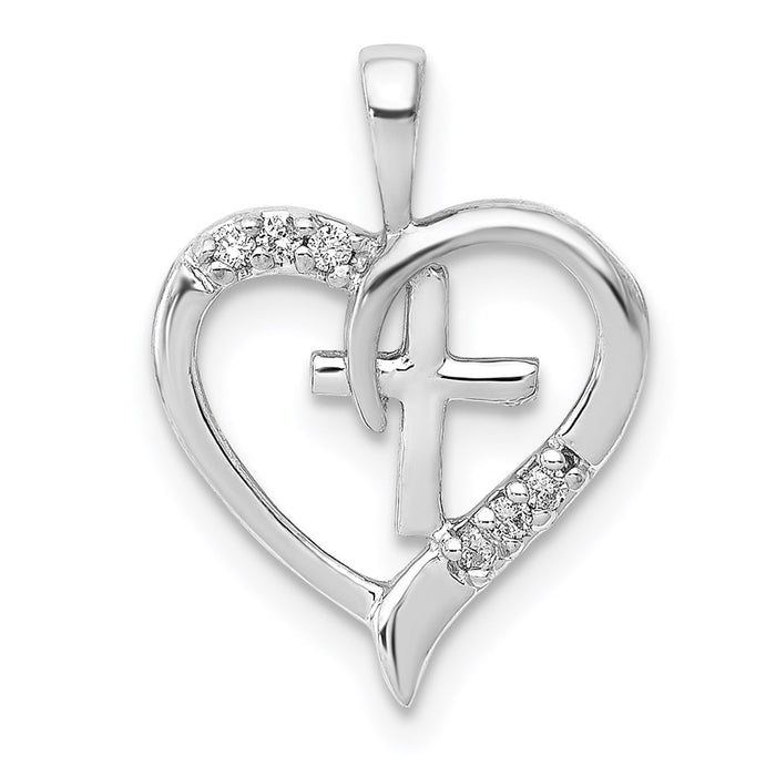 Million Charms 14K White Gold Themed Aa Diamond Heart & Relgious Cross Pendant