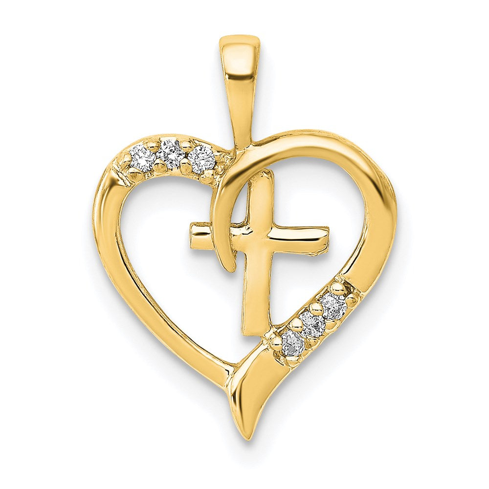 Million Charms 14K Yellow Gold Themed Aa Diamond Heart & Relgious Cross Pendant