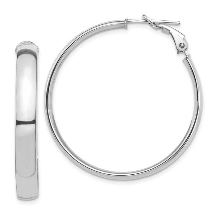 Million Charms 14k White Gold High Polished 5mm Omega Back Hoop Earrings, 37.48mm x 36mm