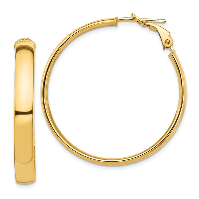 Million Charms 14k Yellow Gold High Polished 5mm Omega Back Hoop Earrings, 37.48mm x 36mm