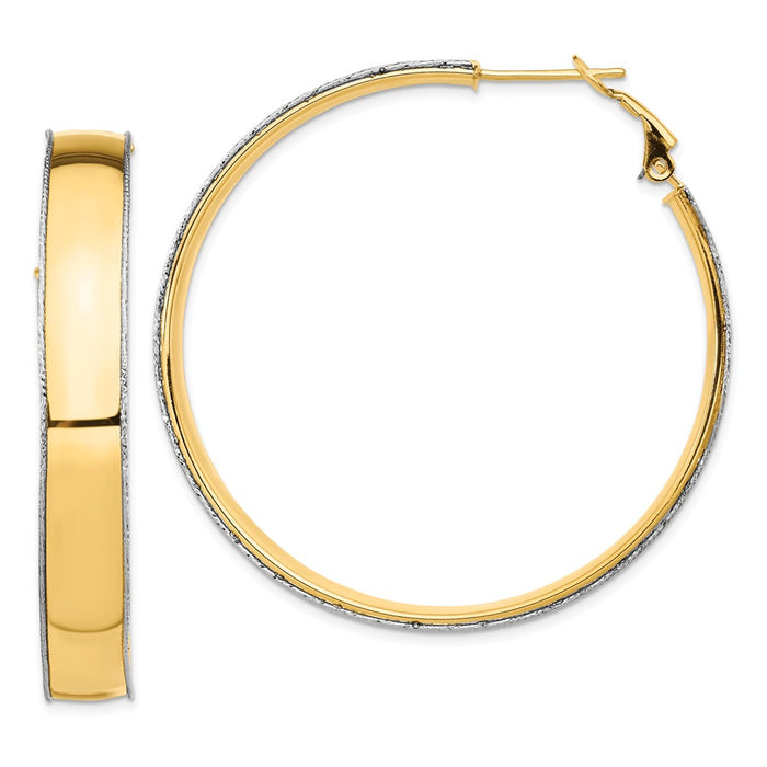 Million Charms 14k YG 7.5mm with WG Diamond-Cut Wire Accent Round Omega Back Hoop Earrings, 47.05mm x 46.95mm