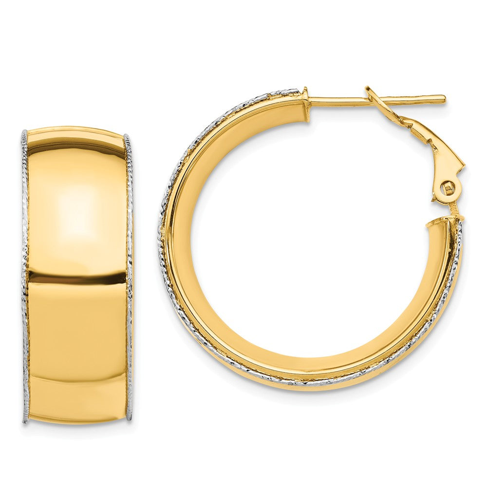 Million Charms 14ky 9.5mm with WG Diamond-Cut Wire Accent Round Hoop Omega Back Earrings, 26.89mm x 26.65mm