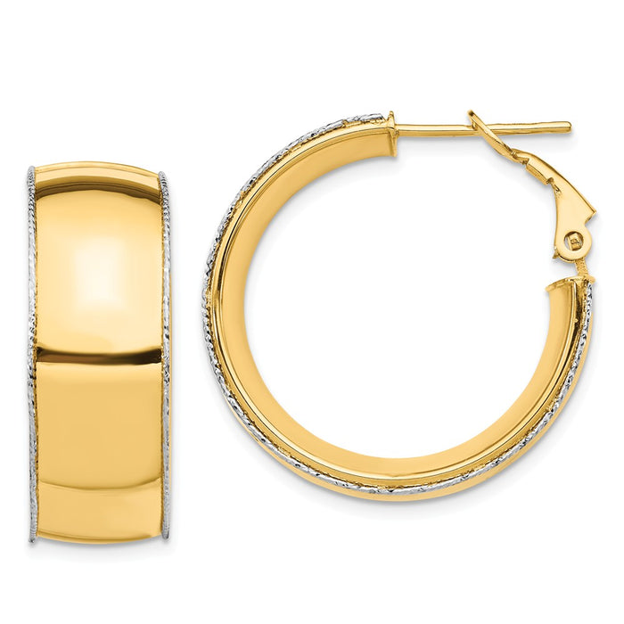 Million Charms 14ky 9.5mm with WG Diamond-Cut Wire Accent Round Hoop Omega Back Earrings, 26.89mm x 26.65mm