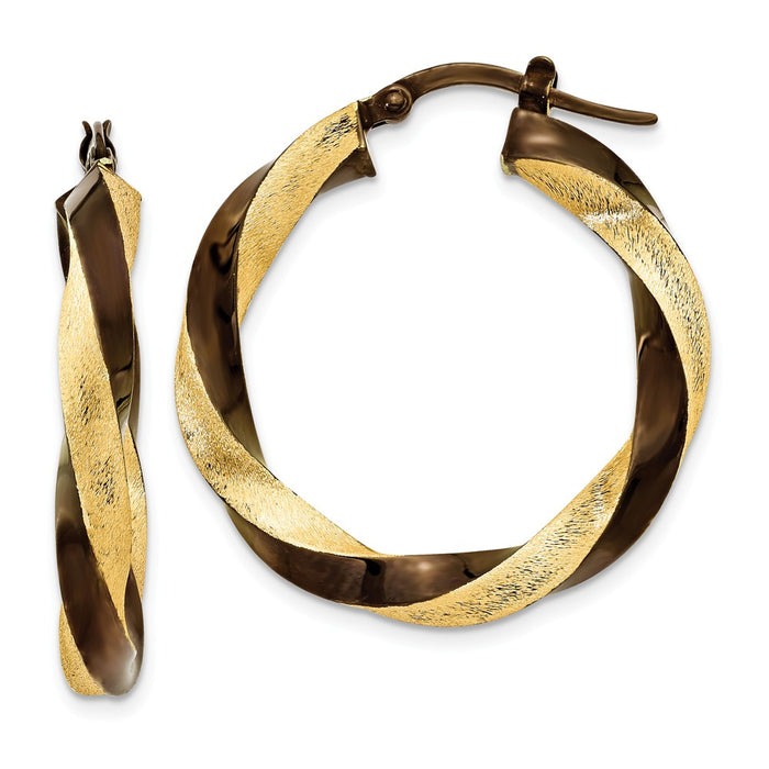 Million Charms 14k Yellow Gold & Brown Rhodium 3.75mm Twisted Hoop Earrings, 20mm x 3.75mm