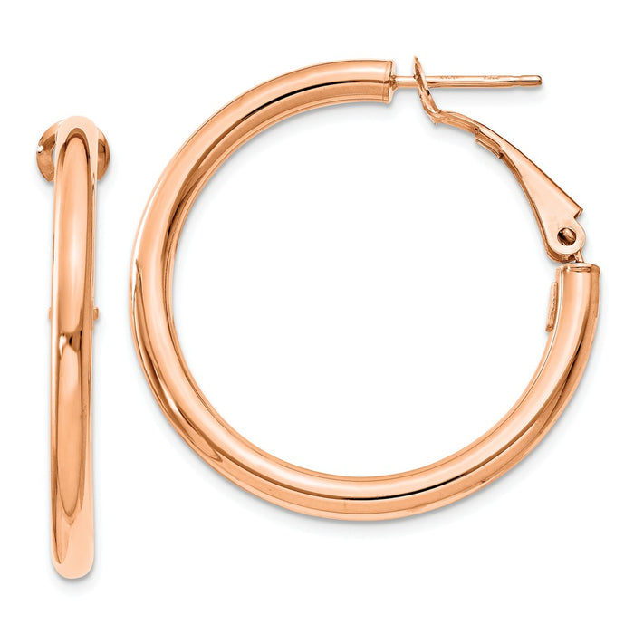 Million Charms 14k Rose Gold 3x25mm Polished Round Omega Back Hoop Earrings, 32.5mm x 32.5mm