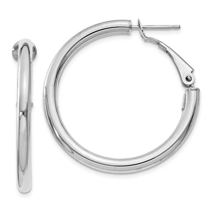 Million Charms 14k White Gold 3x25mm Polished Round Omega Back Hoop Earrings, 32.5mm x 32.5mm