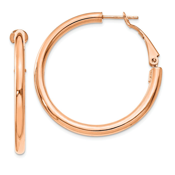 Million Charms 14k Rose Gold 3x30mm Polished Round Omega Back Hoop Earrings, 36mm x 36.75mm