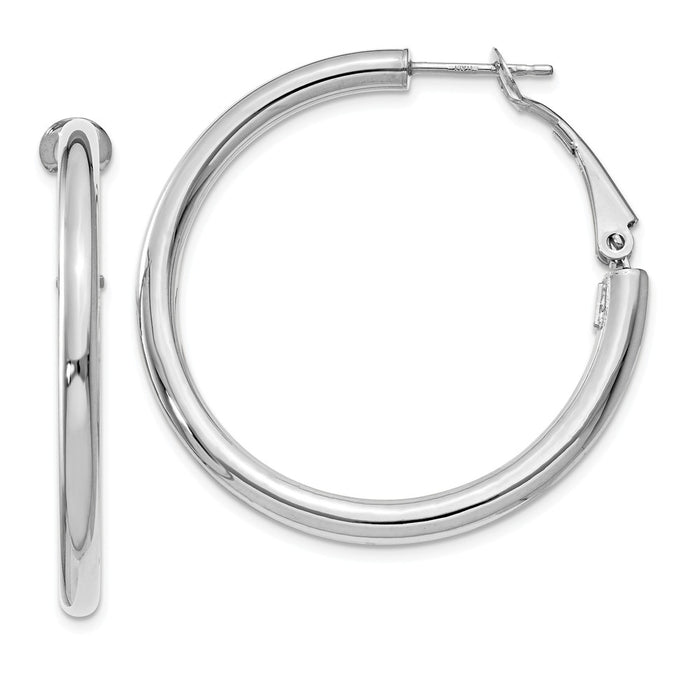 Million Charms 14k White Gold 3x30mm Polished Round Omega Back Hoop Earrings, 36mm x 36.75mm