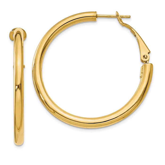 Million Charms 14k Yellow Gold 3x30mm Polished Round Omega Back Hoop Earrings, 36mm x 36.75mm