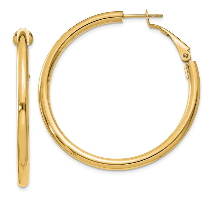 Million Charms 14k Yellow Gold 3x35mm Polished Round Omega Back Hoop Earrings, 41mm x 41.5mm