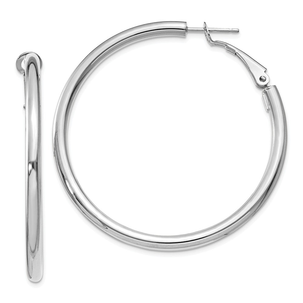 Million Charms 14k White Gold 3x40mm Polished Round Omega Back Hoop Earrings, 46.9mm x 47mm
