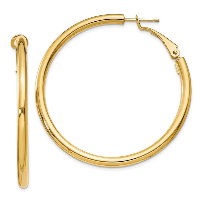 Million Charms 14k Yellow Gold 3x40mm Polished Round Omega Back Hoop Earrings, 46.9mm x 47mm