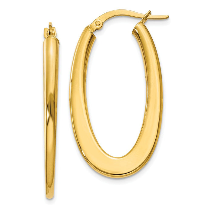 Million Charms 14k Yellow Gold 2mm Tapered Oval Polished Hoop Earrings, 33mm x 18mm