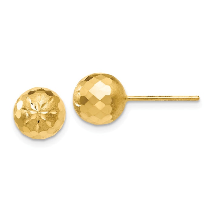 Million Charms 14k Yellow Gold 8mm Diamond-cut Mirror Ball Post Earrings, 8mm x 8mm