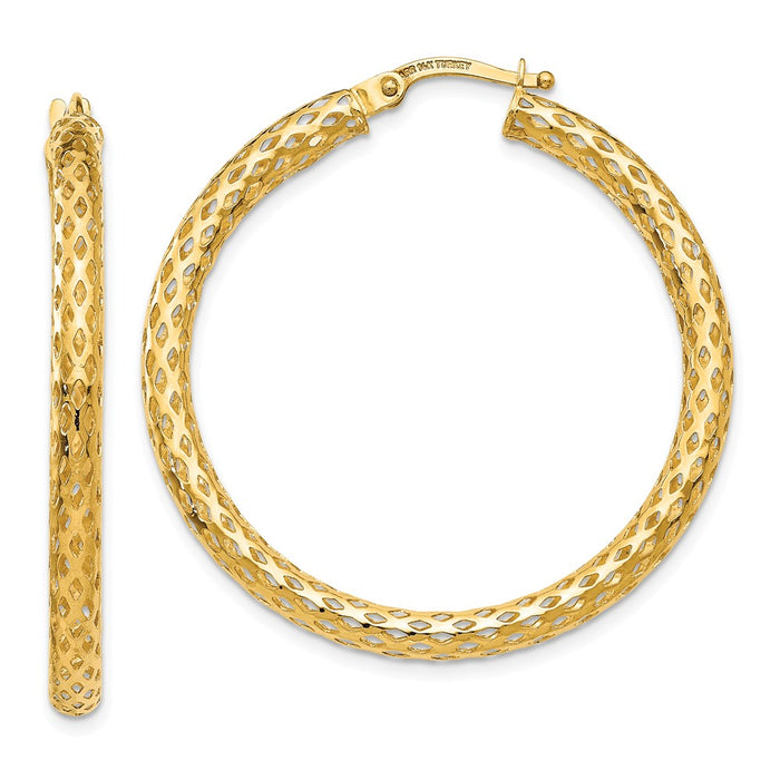Million Charms 14k Yellow Gold 3mm Mesh Round Hoop Earrings, 30mm x 3mm