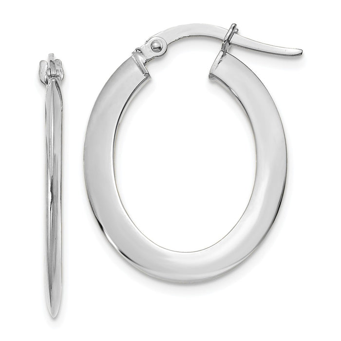 Million Charms 14k White Gold 1.5mm Polished Flat Oval Hoop Earrings, 13mm x 1.5mm