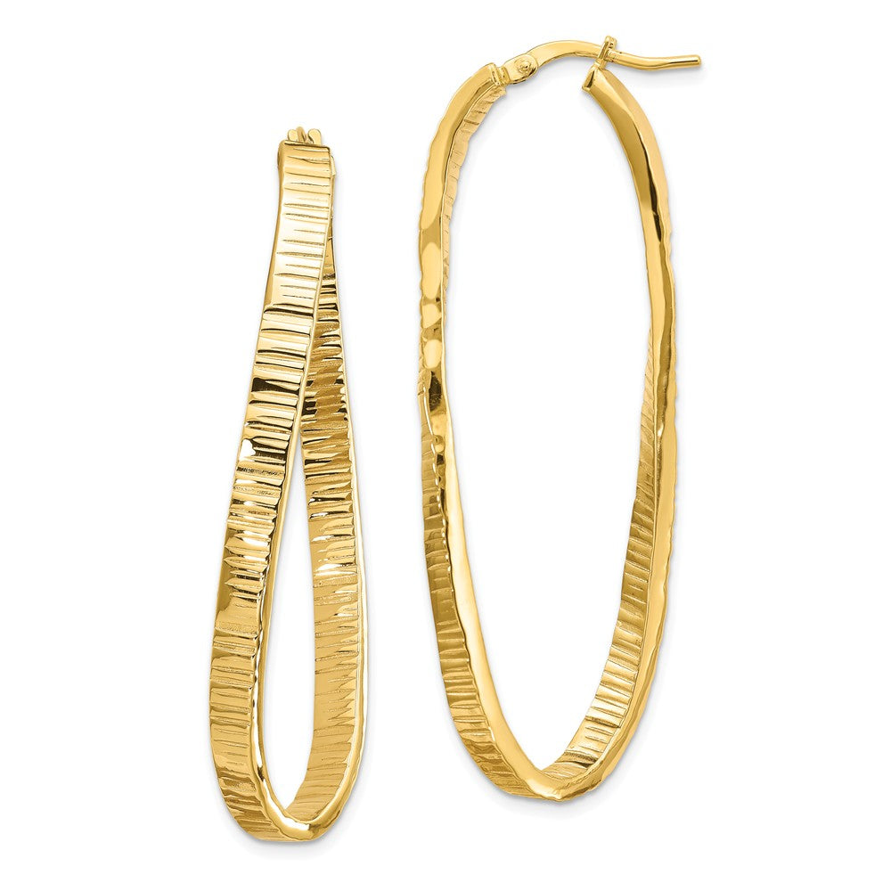 Million Charms 14k Yellow Gold 4mm Textured Twisted Oval Hoop Earrings, 54mm x 4mm