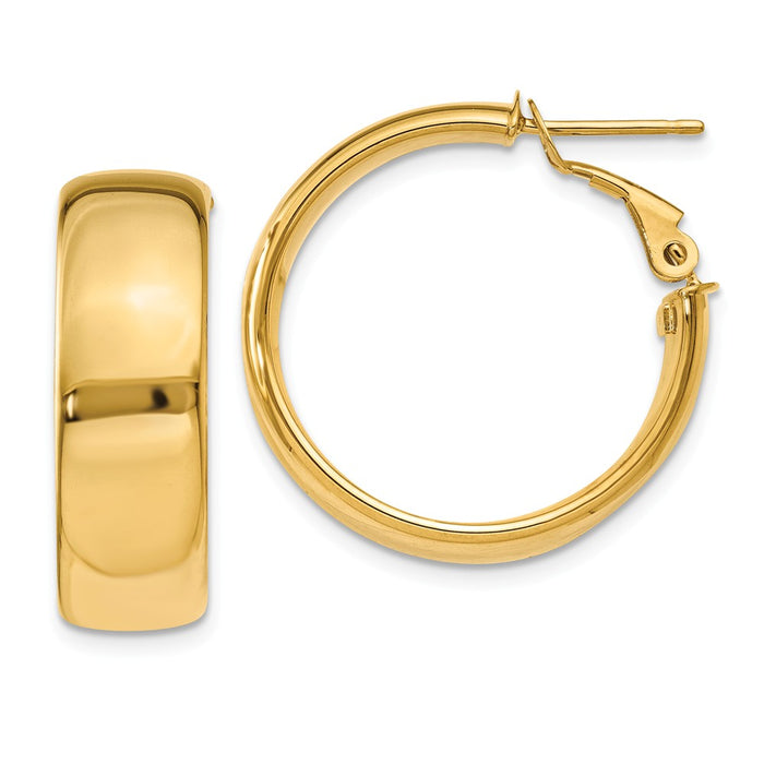 Million Charms 14k Yellow Gold 7.75mm Omega Back Hoop Earrings, 24mm x 24.75mm