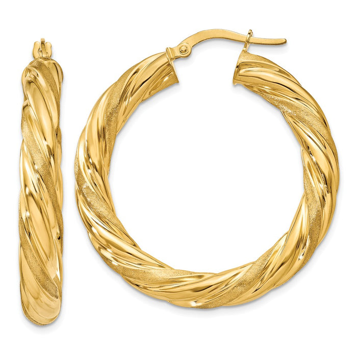 Million Charms 14k Yellow Gold 6mm Satin & Polished Twisted Hoop Earrings, 25mm x 5mm