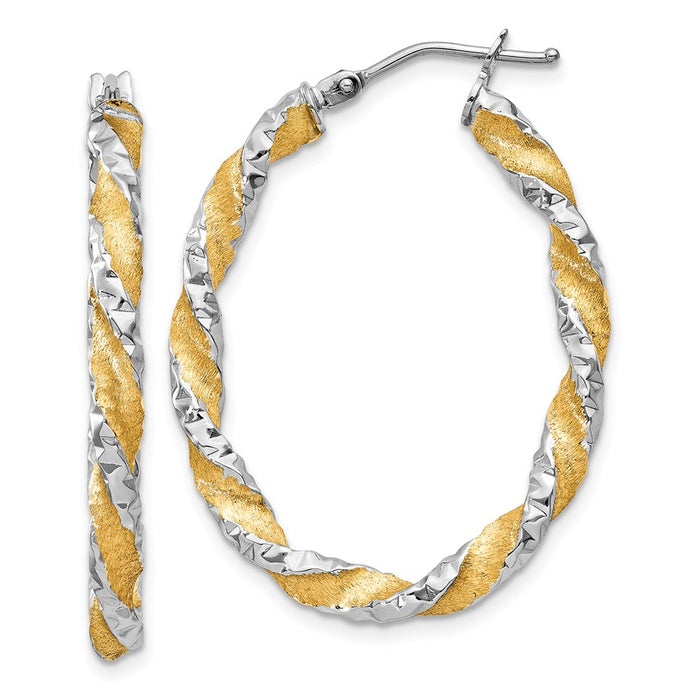 Million Charms 14k Yellow Gold White Gold & Yellow Rhodium Twisted Diamond-Cut Oval Hoop Earrings, 19mm x 3mm
