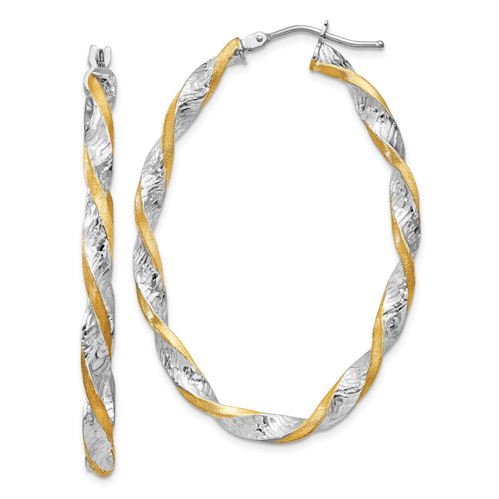Million Charms 14k White Gold & Yellow Rhodium Twisted Diamond-Cut Oval Hoop Earrings, 40mm x 3mm