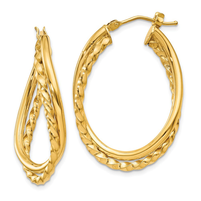 Million Charms 14k Yellow Gold Textured and Polished Twist Oval Hoop Earrings, 19mm x 3mm