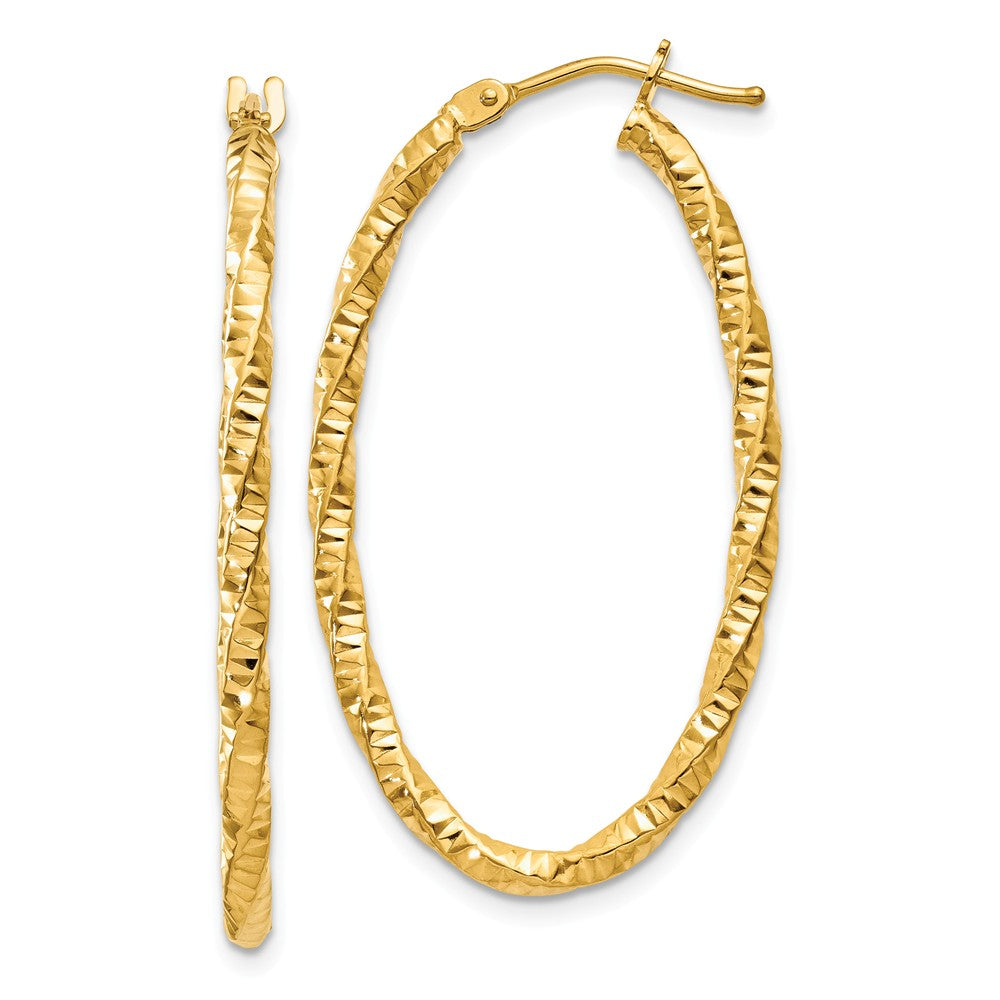 Million Charms 14k Yellow Gold 2mm Diamond-cut Oval Hoop Earrings, 15mm x 2mm