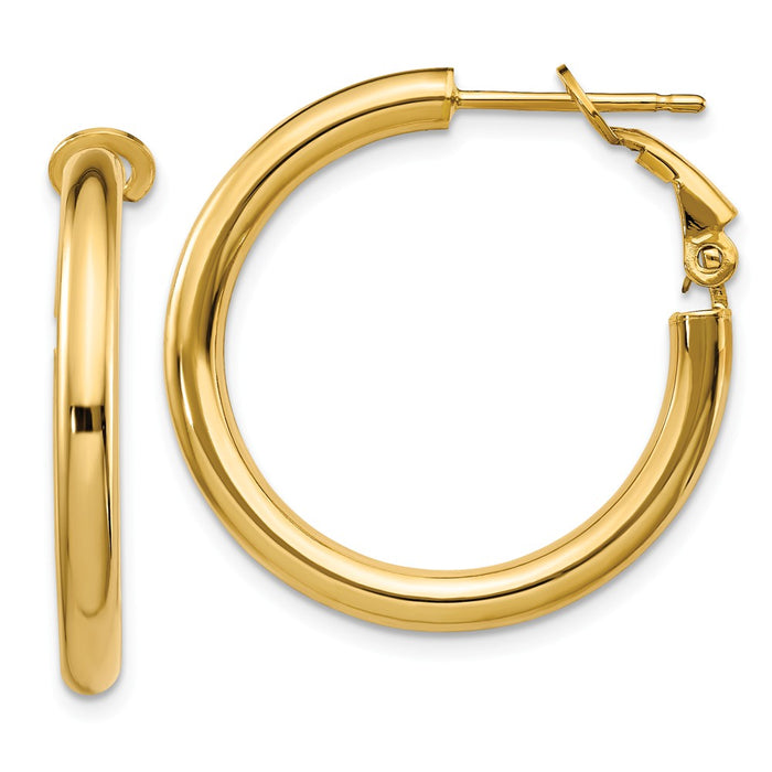 Million Charms 14k Yellow Gold 3x20mm Polished Round Omega Back Hoop Earrings, 27mm x 27mm