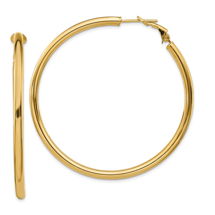 Million Charms 14k Yellow Gold 3x45mm Polished Round Omega Back Hoop Earrings, 52mm x 52mm