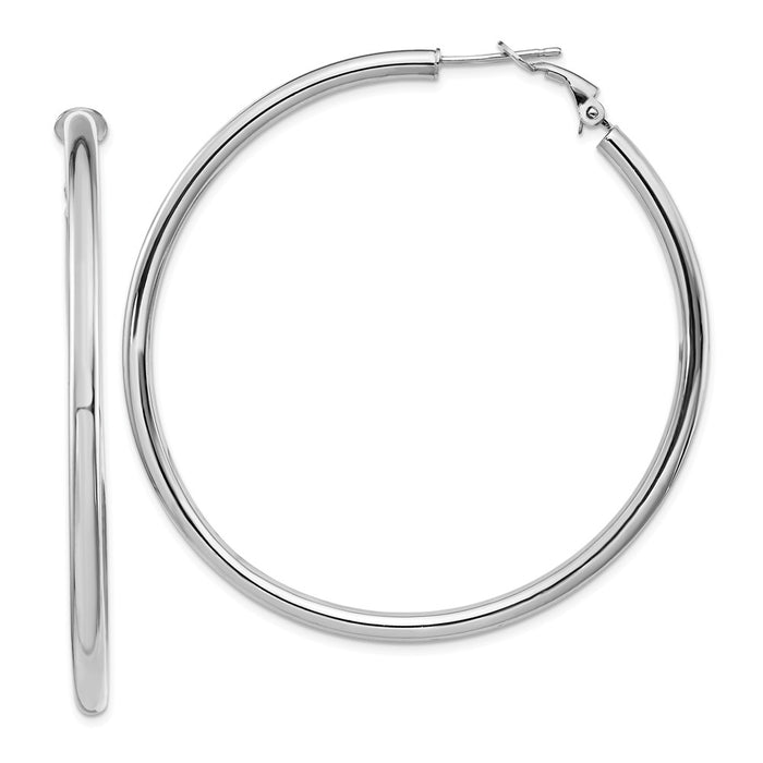 Million Charms 14k White Gold 3x50mm Polished Round Omega Back Hoop Earrings, 57mm x 57mm