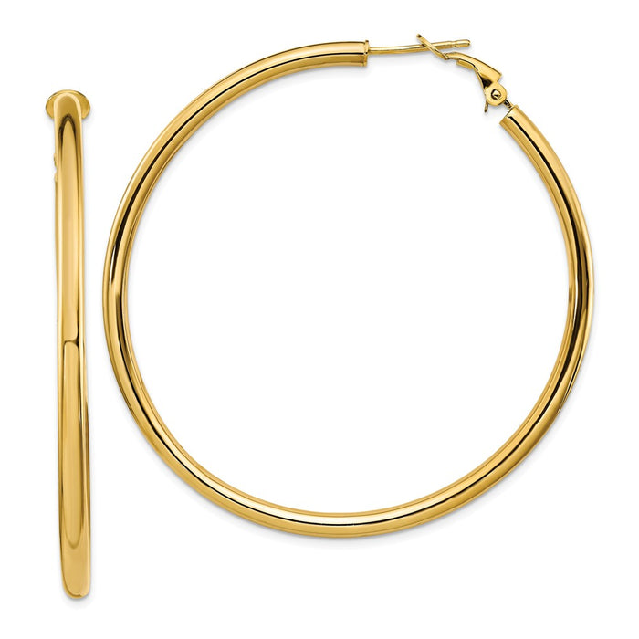 Million Charms 14k Yellow Gold 3x50mm Polished Round Omega Back Hoop Earrings, 57mm x 57mm