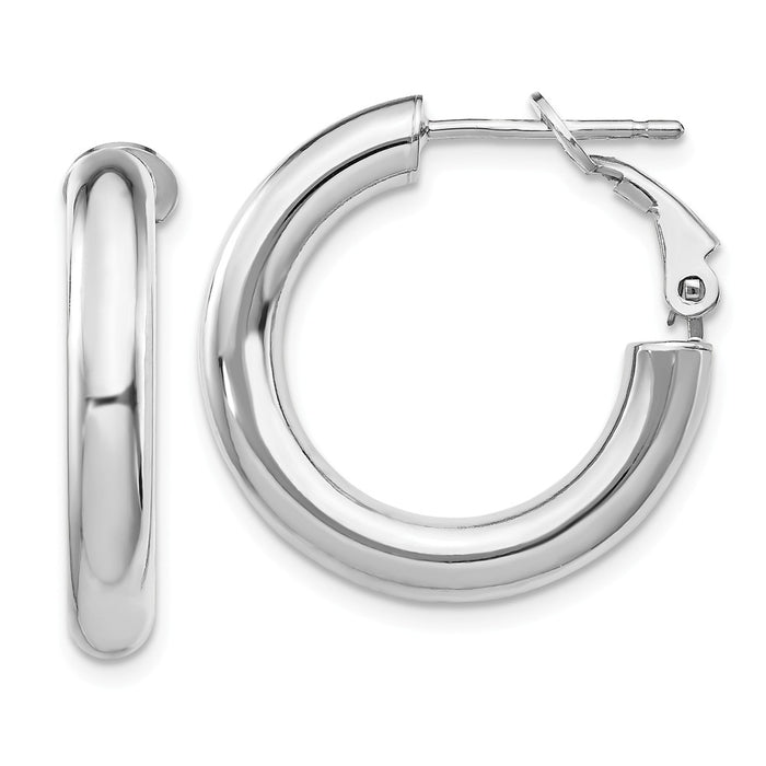 Million Charms 14k White Gold 4x15mm Polished Round Omega Back Hoop Earrings, 23.5mm x 23.15mm