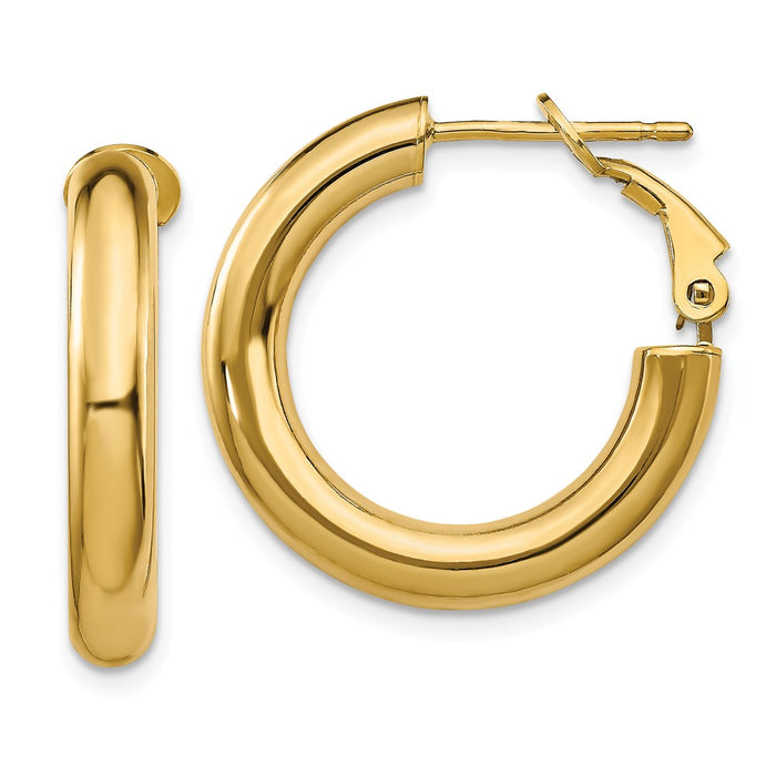 Million Charms 14k Yellow Gold 4x15mm Polished Round Omega Back Hoop Earrings, 23.5mm x 23.15mm