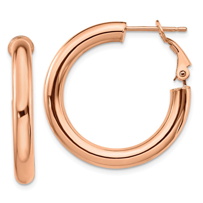 Million Charms 14k Rose Gold 4x20mm Polished Round Omega Back Hoop Earrings, 28.6mm x 28.65mm