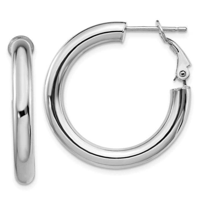 Million Charms 14k White Gold 4x20mm Polished Round Omega Back Hoop Earrings, 28.6mm x 28.65mm