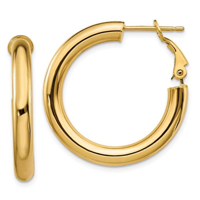 Million Charms 14k Yellow Gold 4x20mm Polished Round Omega Back Hoop Earrings, 28.6mm x 28.65mm