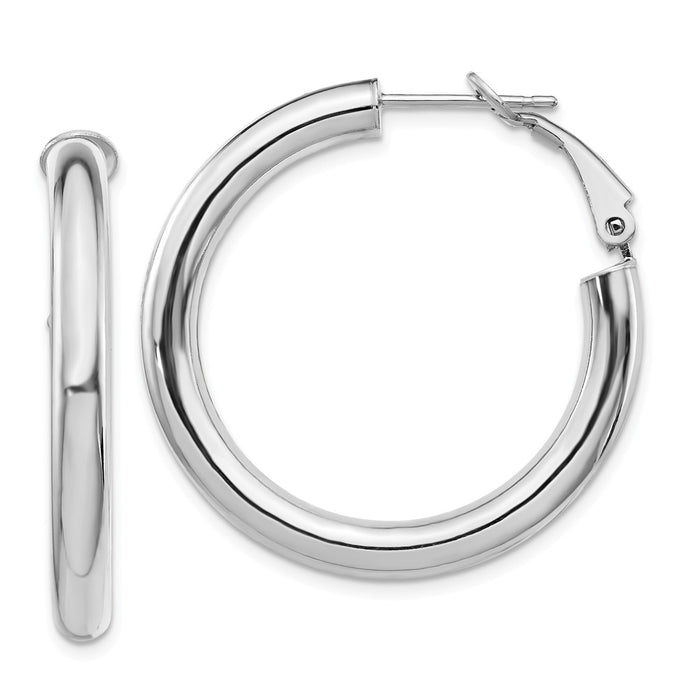 Million Charms 14k White Gold 4x25mm Polished Round Omega Back Hoop Earrings, 33.5mm x 34mm