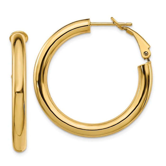 Million Charms 14k Yellow Gold 4x25mm Polished Round Omega Back Hoop Earrings, 33.5mm x 34mm