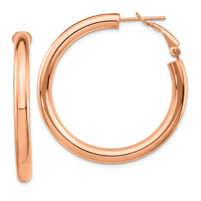 Million Charms 14k Rose Gold 4x30mm Polished Round Omega Back Hoop Earrings, 39.8mm x 39.75mm