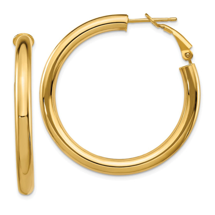 Million Charms 14k Yellow Gold 4x30mm Polished Round Omega Back Hoop Earrings, 39.8mm x 39.75mm