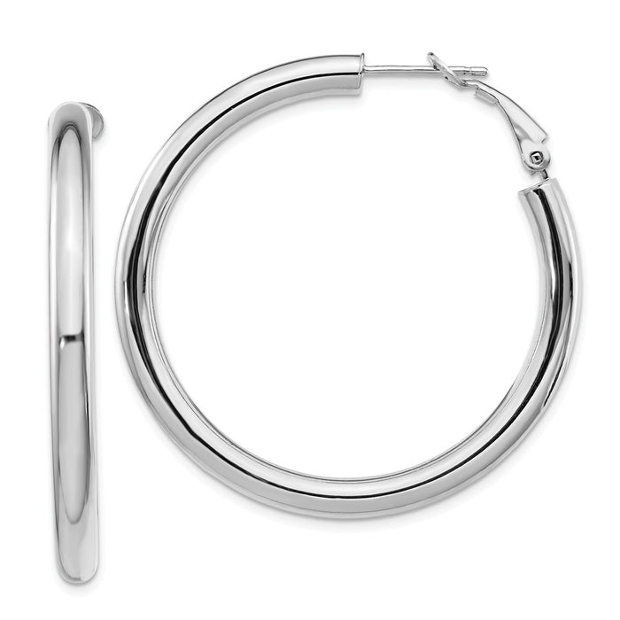 Million Charms 14k White Gold 4x35mm Polished Round Omega Back Hoop Earrings, 44.5mm x 44.25mm