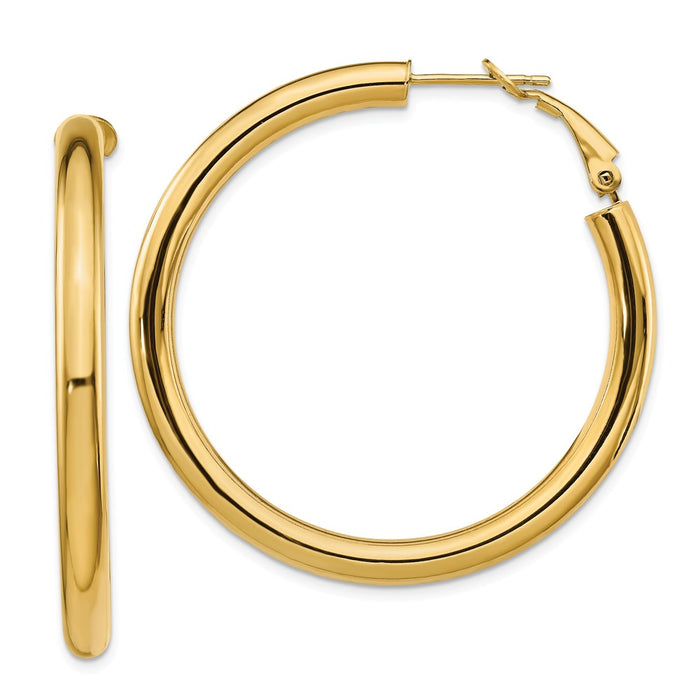 Million Charms 14k Yellow Gold 4x35mm Polished Round Omega Back Hoop Earrings, 44.5mm x 44.25mm