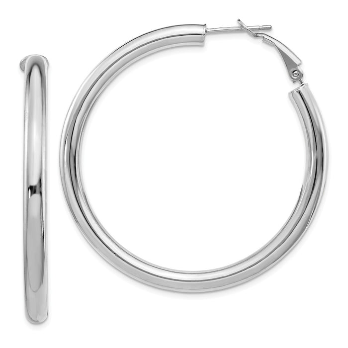 Million Charms 14k White Gold 4x40mm Polished Round Omega Back Hoop Earrings, 50mm x 49.75mm