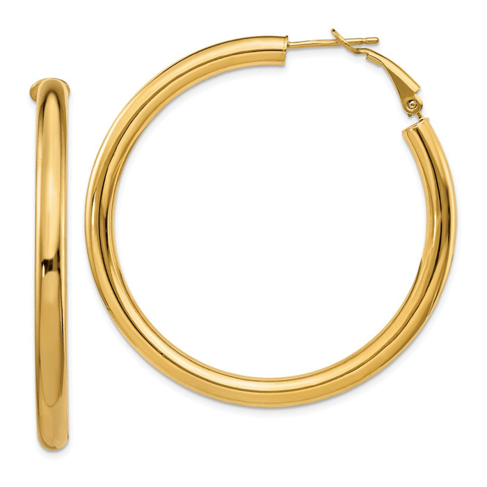 Million Charms 14k Yellow Gold 4x40mm Polished Round Omega Back Hoop Earrings, 50mm x 49.75mm