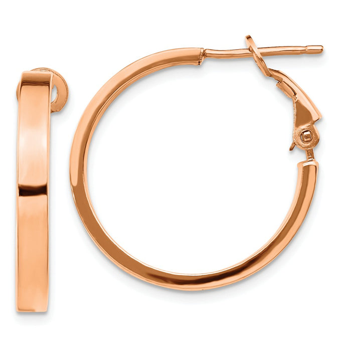 Million Charms 14k Rose Gold 3x20mm Polished Square Tube Round Hoop Earrings, 24.25mm x 24.5mm