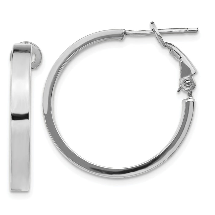 Million Charms 14k White Gold 3x20mm Polished Square Tube Round Hoop Earrings, 24.25mm x 24.5mm